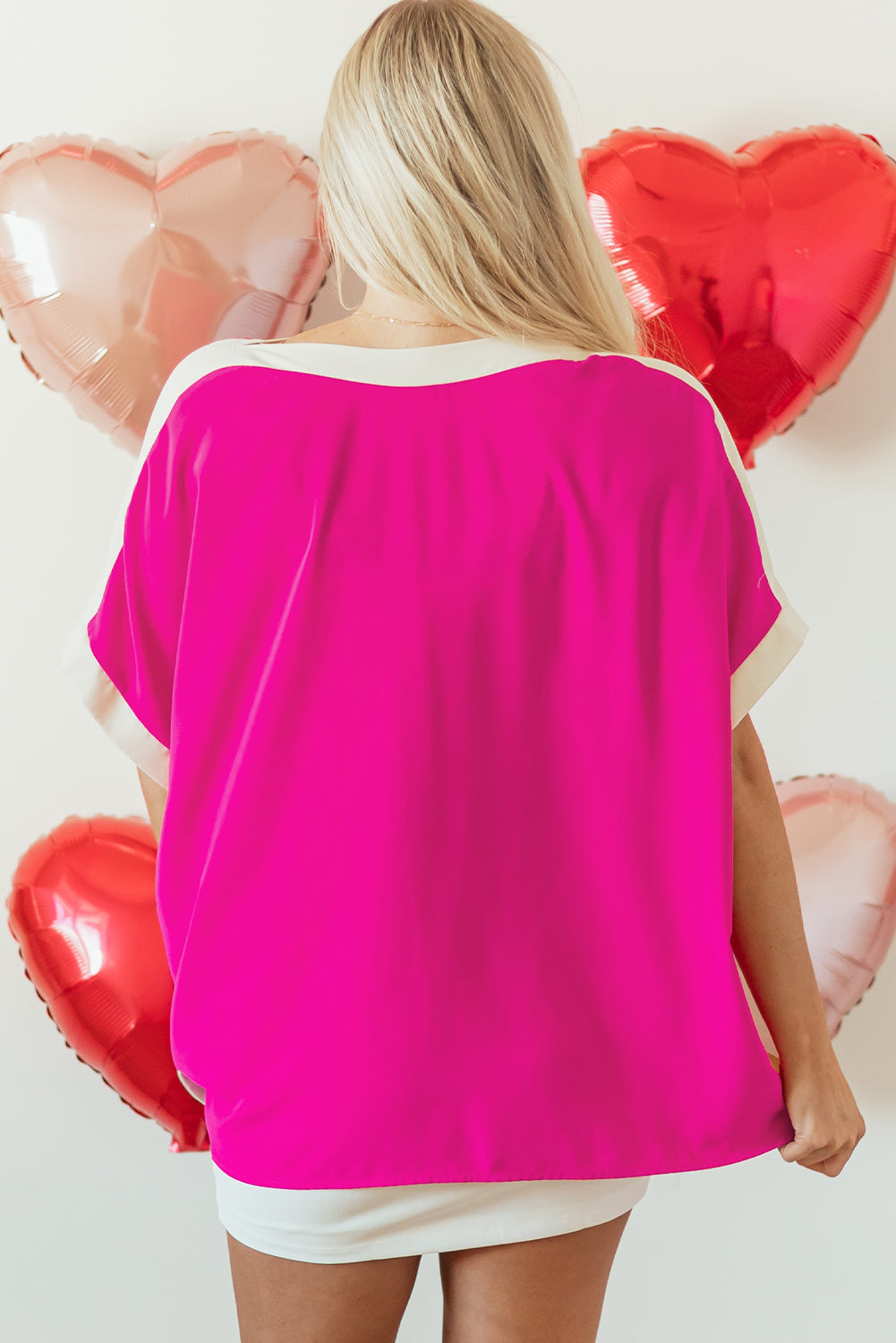 Rose Red Oversized Color Block Boat Neck Tunic Blouse Blouses & Shirts JT's Designer Fashion