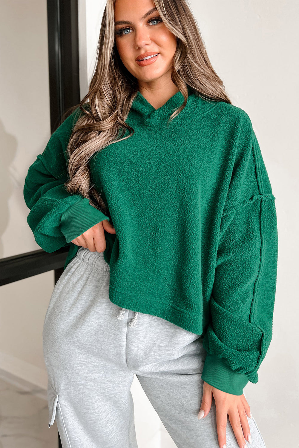 Dark Green Sherpa Fleece Drop Shoulder Hoodie Sweatshirts & Hoodies JT's Designer Fashion