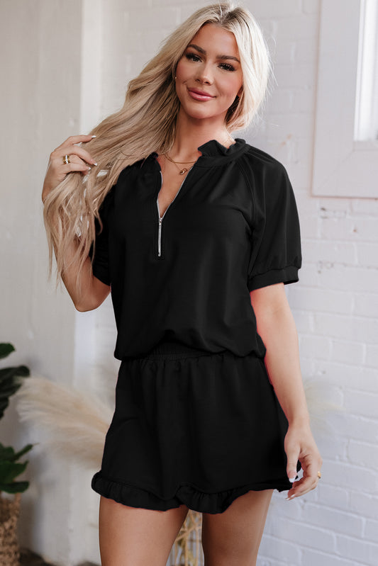 Black Half Zip Puff Sleeve Top and Ruffled Shorts Set Black 85%Polyester+10%Cotton+5%Elastane Short Sets JT's Designer Fashion