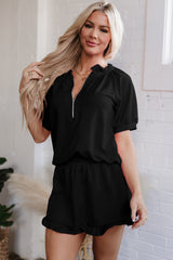 Black Half Zip Puff Sleeve Top and Ruffled Shorts Set Black 85%Polyester+10%Cotton+5%Elastane Short Sets JT's Designer Fashion