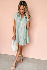 Green Stripe Frilled Sleeveless Collar Front Pocket Button Up Mini Dress Mini Dresses JT's Designer Fashion