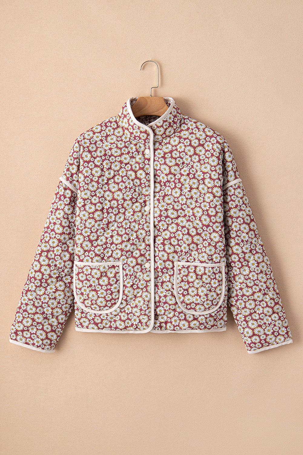 Pink Floral Print Contrast Edge Pocketed Stand Neck Jacket Jackets JT's Designer Fashion