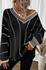 Black Colorblock Striped V Neck Knitted Loose Sweater Black 100%Acrylic Sweaters JT's Designer Fashion