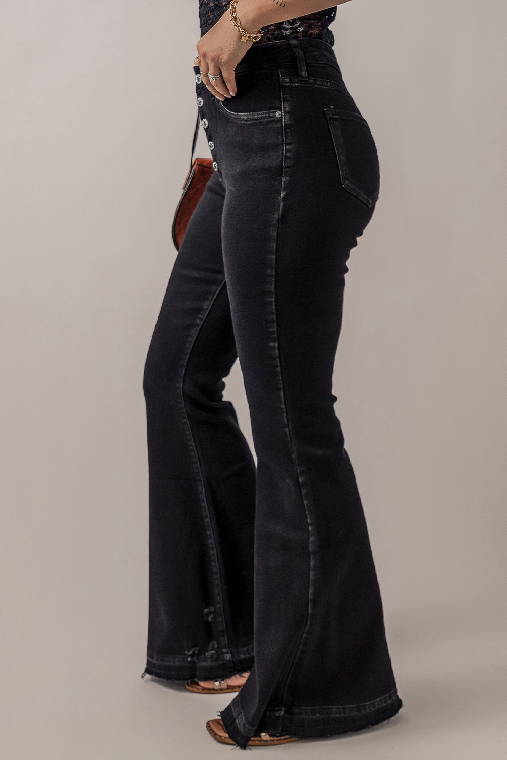 Black High Waist Button Front Flare Jeans Jeans JT's Designer Fashion