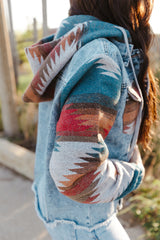 Multicolor Aztec Print Frayed Hem Denim Jacket Denim Jackets JT's Designer Fashion