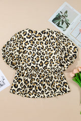 Apricot Leopard Bubble Sleeve Bow Tie Front Peplum Blouse Blouses & Shirts JT's Designer Fashion