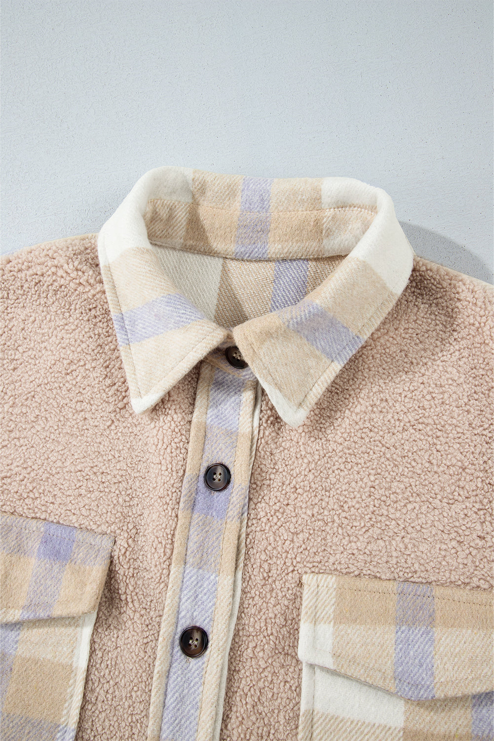 Smoke Gray Plaid Patchwork Collared Button-up Sherpa Long Coat Coats JT's Designer Fashion