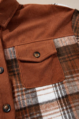 Cinnamon Plaid Corduroy Patchwork Chest Pocket Shacket Plaid Shackets JT's Designer Fashion