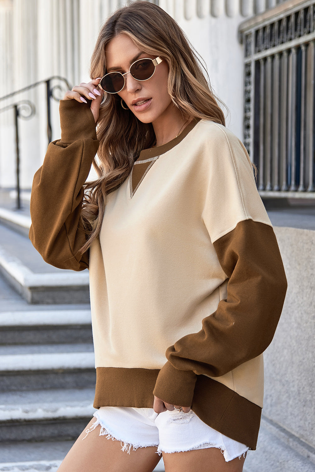 Apricot Color Block Thumbhole Sleeve Drop Shoulder Sweatshirt Sweatshirts & Hoodies JT's Designer Fashion