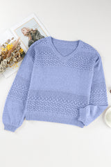 Sky Blue Eyelet Pattern Detail V Neck Drop Shoulder Sweater Sweaters JT's Designer Fashion