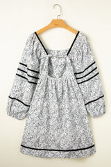 Gray Floral Print Open Back Balloon Sleeve Square Neck Mini Dress Floral Dresses JT's Designer Fashion