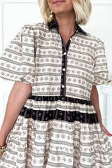 Black Boho Floral Striped Contrast Trim Bubble Sleeve Flared Dress Floral Dresses JT's Designer Fashion