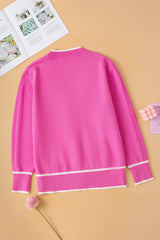 Bright Pink Color Contrast Side Pockets Button V Neck Cardigan Cardigans JT's Designer Fashion