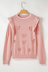 Light Pink Ruffled Bowknot Ribbed Trim Long Sleeve Sweater Sweaters JT's Designer Fashion
