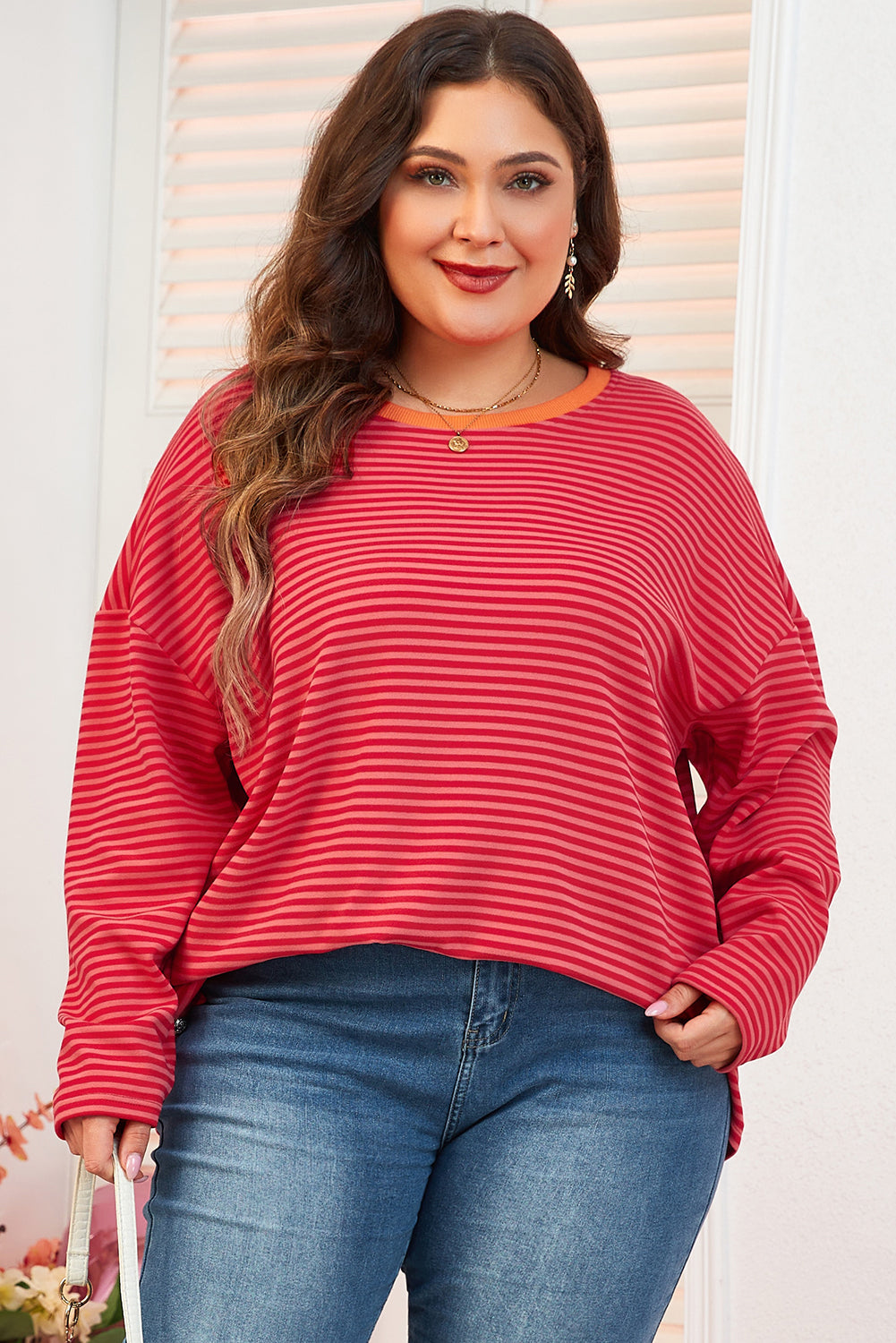 Orange Stripe Plus Size Drop Shoulder Long Sleeve Buttoned Decor Top Orange Stripe 95%Polyester+5%Elastane Plus Size Long Sleeve Tops JT's Designer Fashion