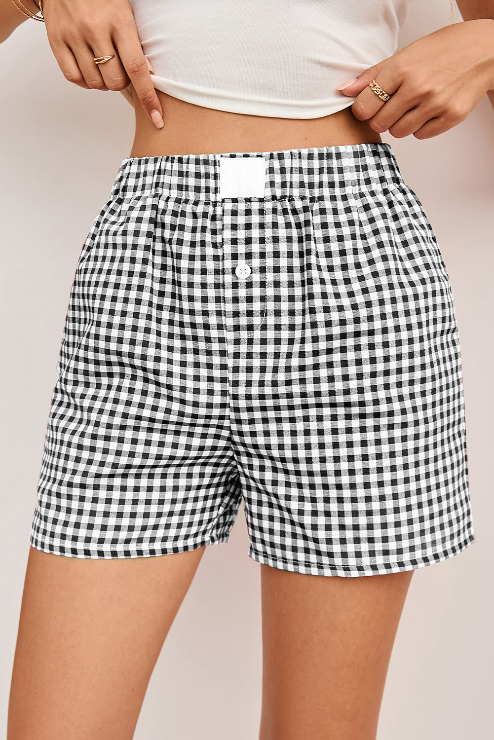 Black Gingham Printed High Waist Shorts Color black 100%Polyester Casual Shorts JT's Designer Fashion