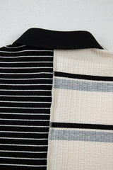 Black Stripe Colorblock Knit Henley Collar Shift Long Sleeve Mini Dress Mini Dresses JT's Designer Fashion