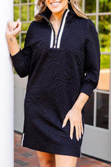 Black Jacquard Textured Quarter Zipper Shift Mini Dress Mini Dresses JT's Designer Fashion