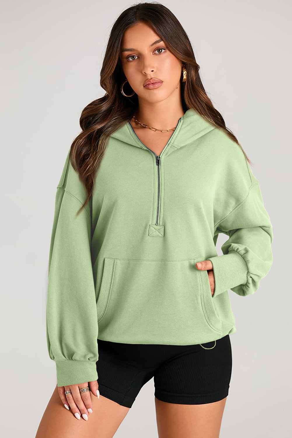 Smoke Green Solid Kangaroo Pocket Half Zipper Oversized Hoodie Sweatshirts & Hoodies JT's Designer Fashion