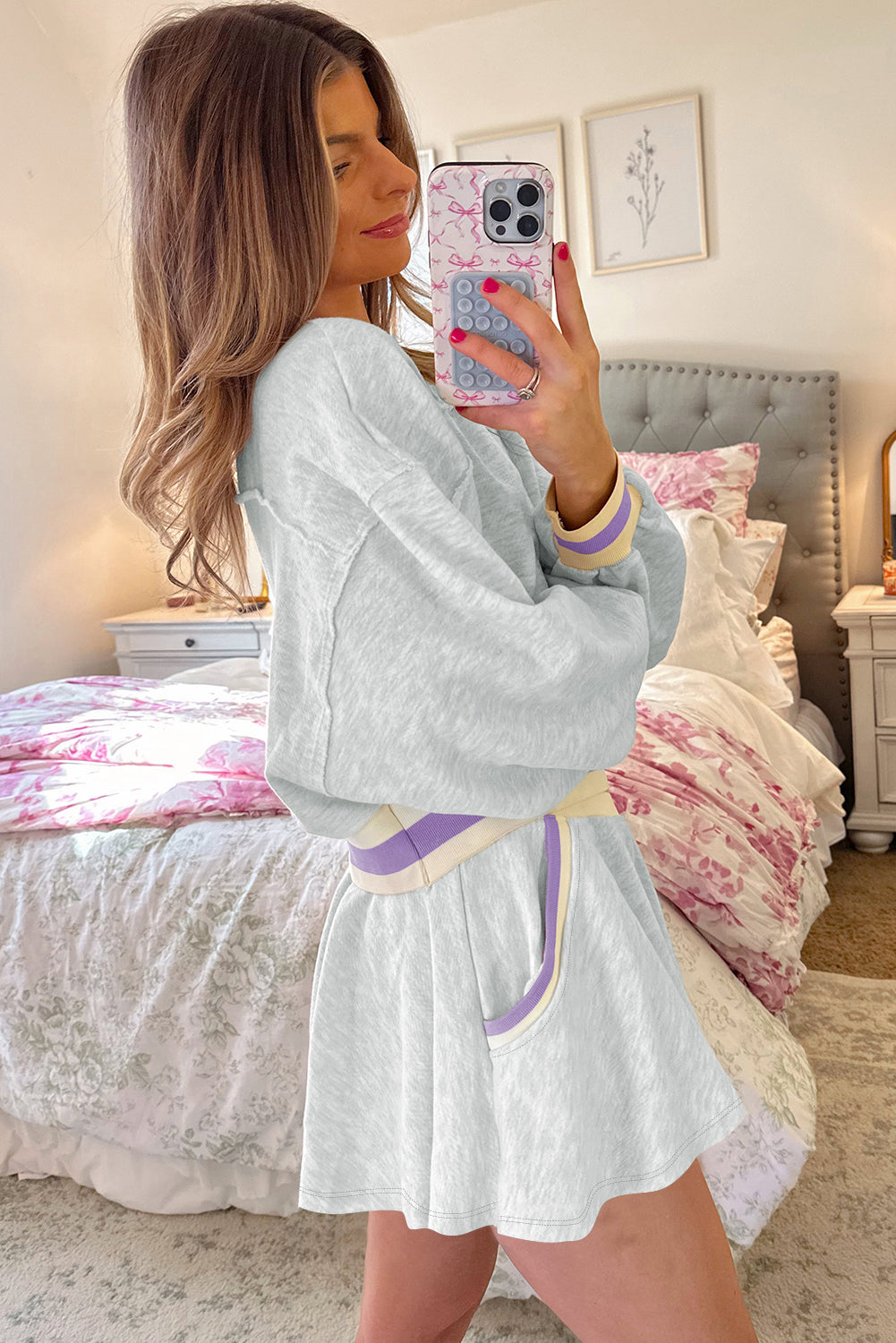 Light Grey Contrast Striped Bands Cropped Pullover and Athletic Short Set Short Sets JT's Designer Fashion