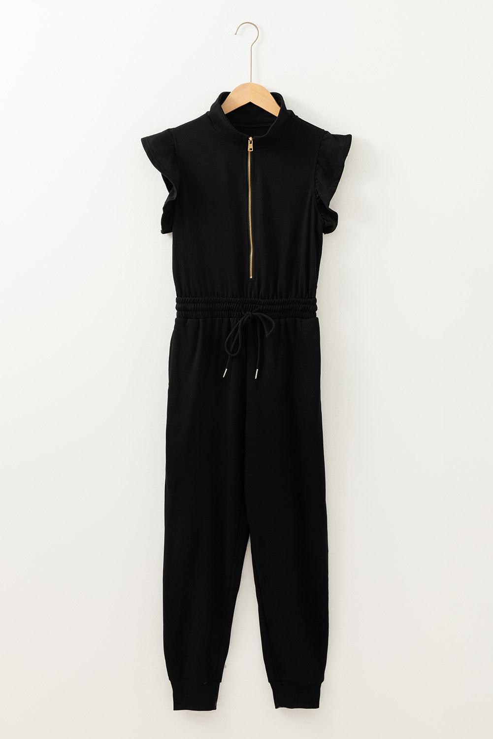 Black Zipper Flutter Sleeve Drawstring High Waist Jumpsuit Jumpsuits & Rompers JT's Designer Fashion
