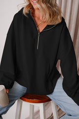 Black Fleece Lined Half Zipper Kangaroo Pockets Loose Hoodie Sweatshirts & Hoodies JT's Designer Fashion