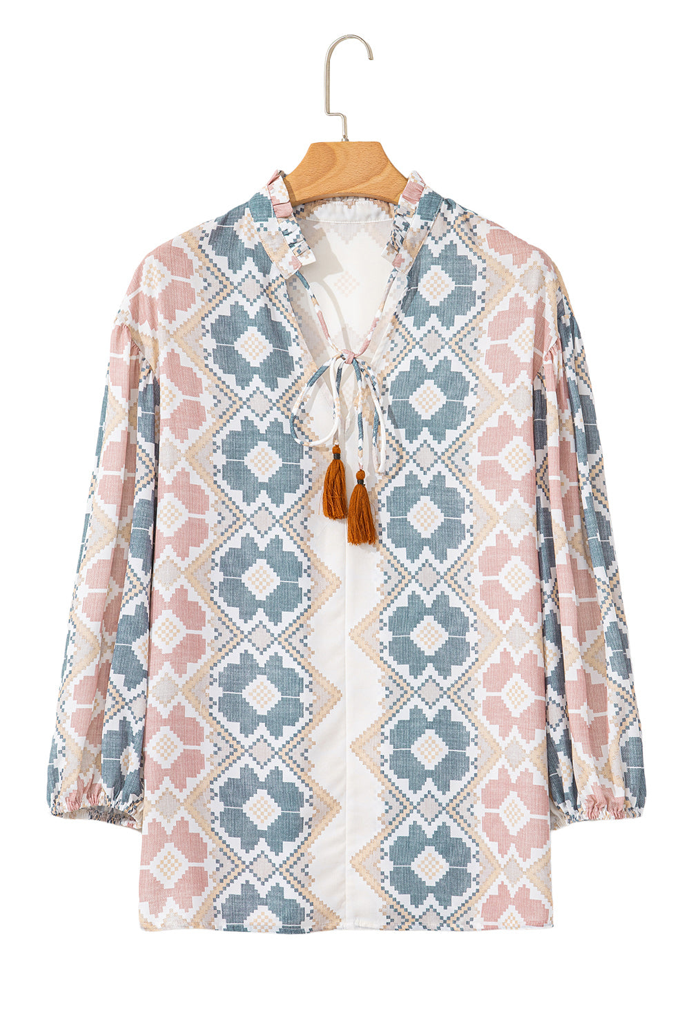 Khaki Geometric Print Tassel Tie Split Neck Balloon Sleeve Blouse Blouses & Shirts JT's Designer Fashion
