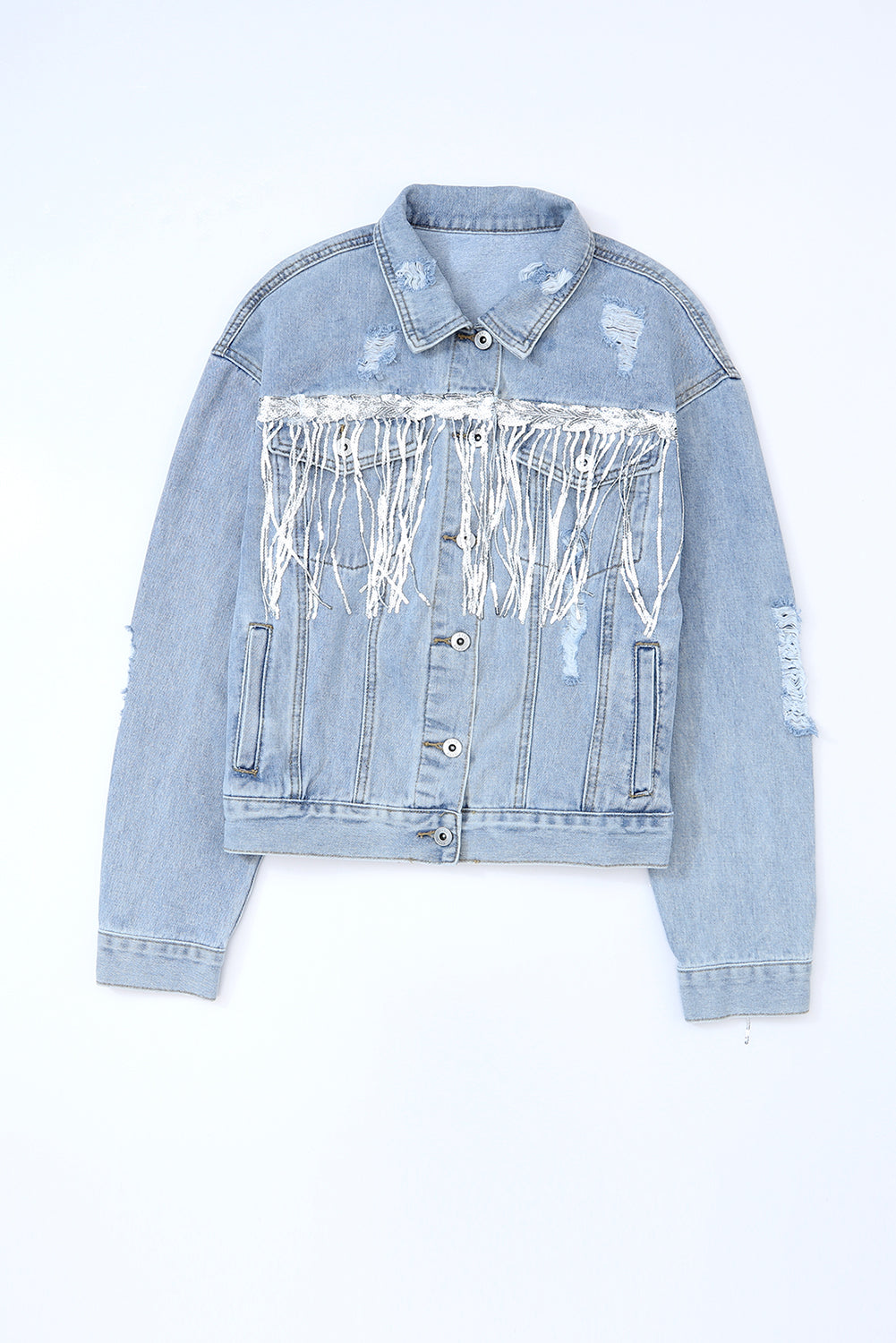 Sky Blue Sequin Embellished Fringe Distressed Denim Jacket Denim Jackets JT's Designer Fashion