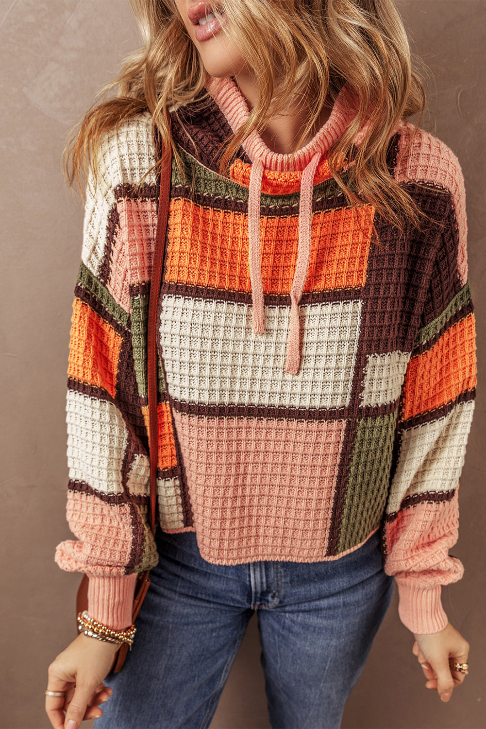 Orange Color Block Waffle Knit Drawstring Mock Neck Sweater Sweaters JT's Designer Fashion