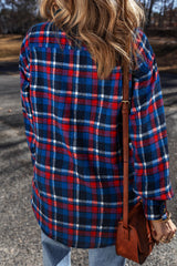 Navy Blue Plaid Flap Pocket Button Up Shacket Plaid Shackets JT's Designer Fashion
