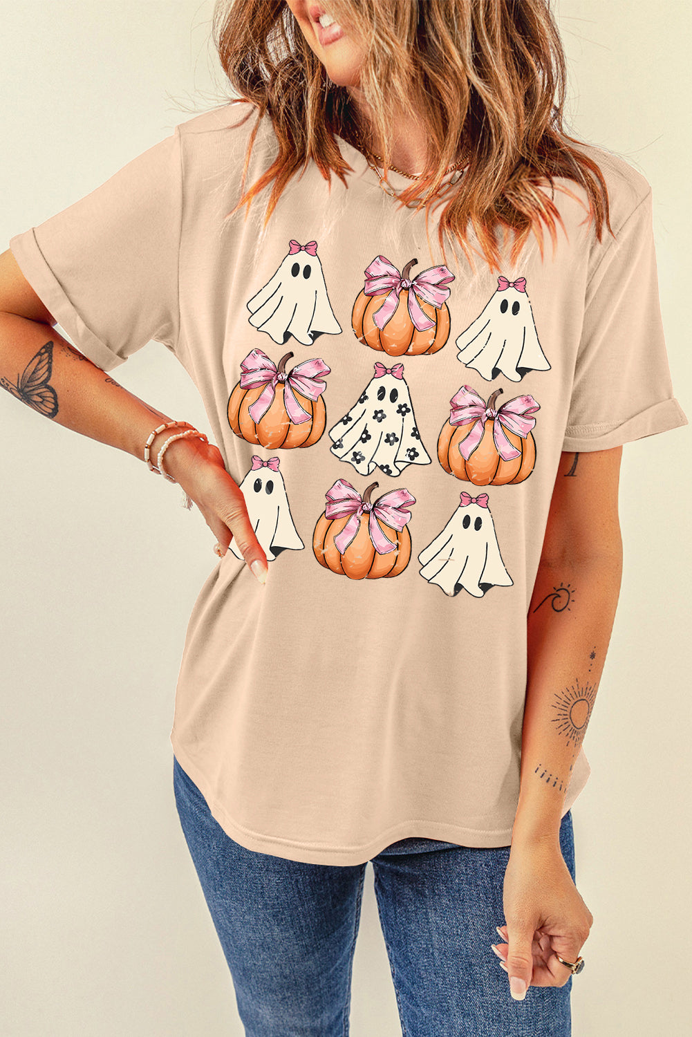 Khaki Bowknot Ghost Pumpkin Graphic Halloween T Shirt Graphic Tees JT's Designer Fashion