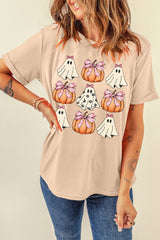 Khaki Bowknot Ghost Pumpkin Graphic Halloween T Shirt Graphic Tees JT's Designer Fashion