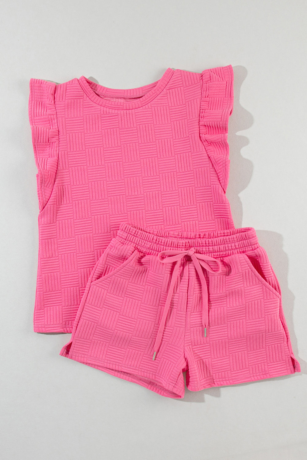 Bonbon Textured Ruffled Sleeve Tee and Drawstring Elastic Waistband Shorts Set Short Sets JT's Designer Fashion