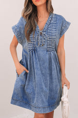 Beau Blue Tie V Neck Tucking Detail Short Sleeve Denim Shift Dress Mini Dresses JT's Designer Fashion