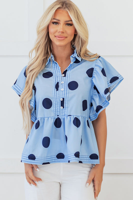 Sky Blue Polka Dot Print Ruffled Short Sleeve Buttoned Collared Blouse Sky Blue 100%Polyester Blouses & Shirts JT's Designer Fashion