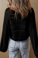 Black Hollow-out Cable Knit Cropped Sweater Sweaters JT's Designer Fashion