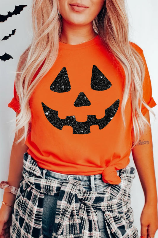 Orange Glittering Pumpkin Face Graphic Crewneck T Shirt Graphic Tees JT's Designer Fashion