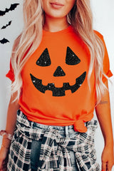 Orange Glittering Pumpkin Face Graphic Crewneck T Shirt Graphic Tees JT's Designer Fashion