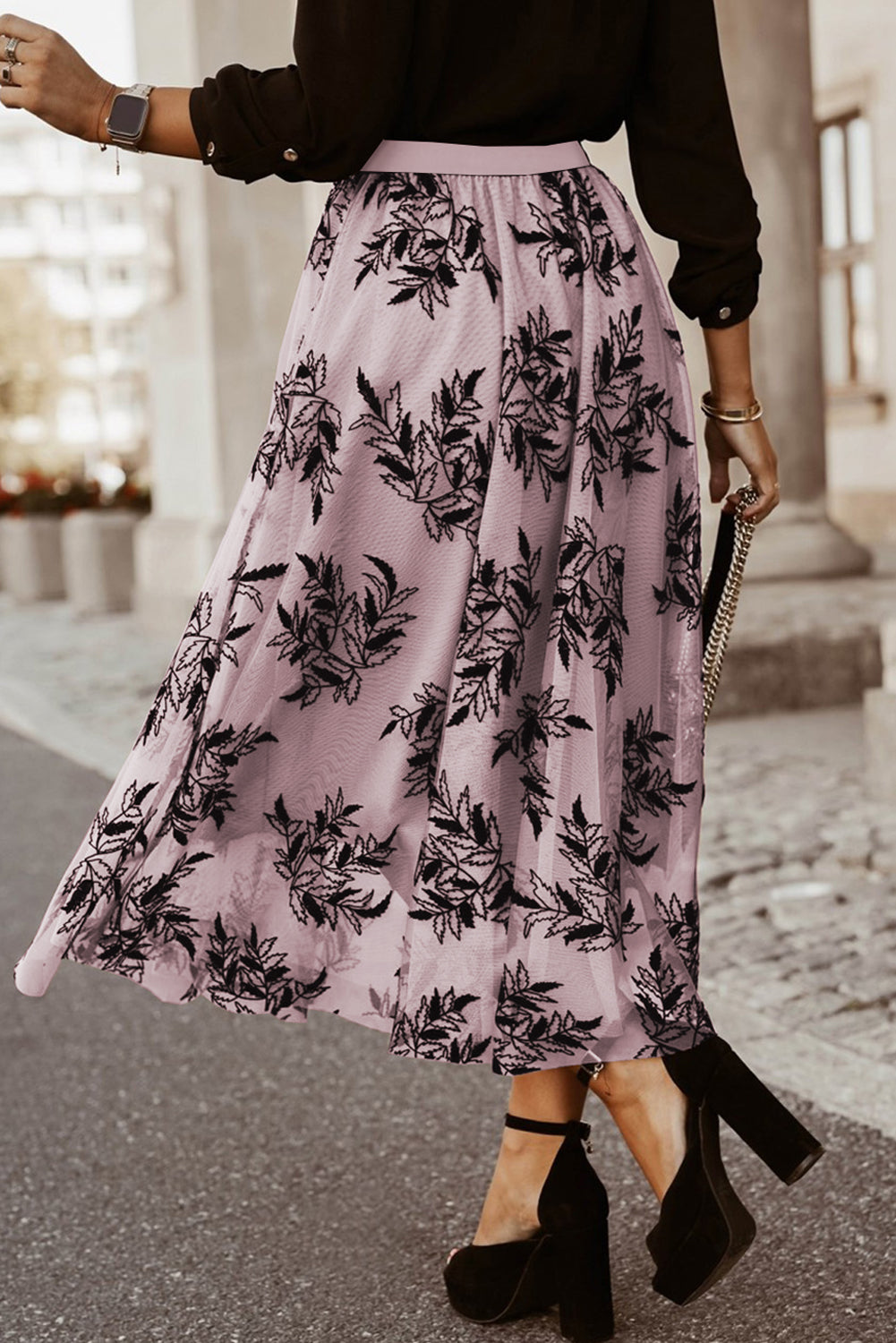 Peach Blossom Floral Leaves Embroidered High Waist Maxi Skirt Skirts & Petticoat JT's Designer Fashion