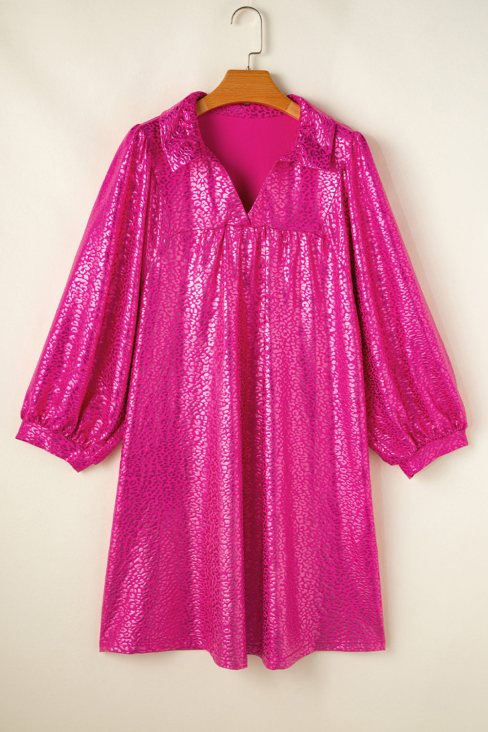 Rose Red Metallic Leopard Print Collared Babydoll Mini Dress Mini Dresses JT's Designer Fashion