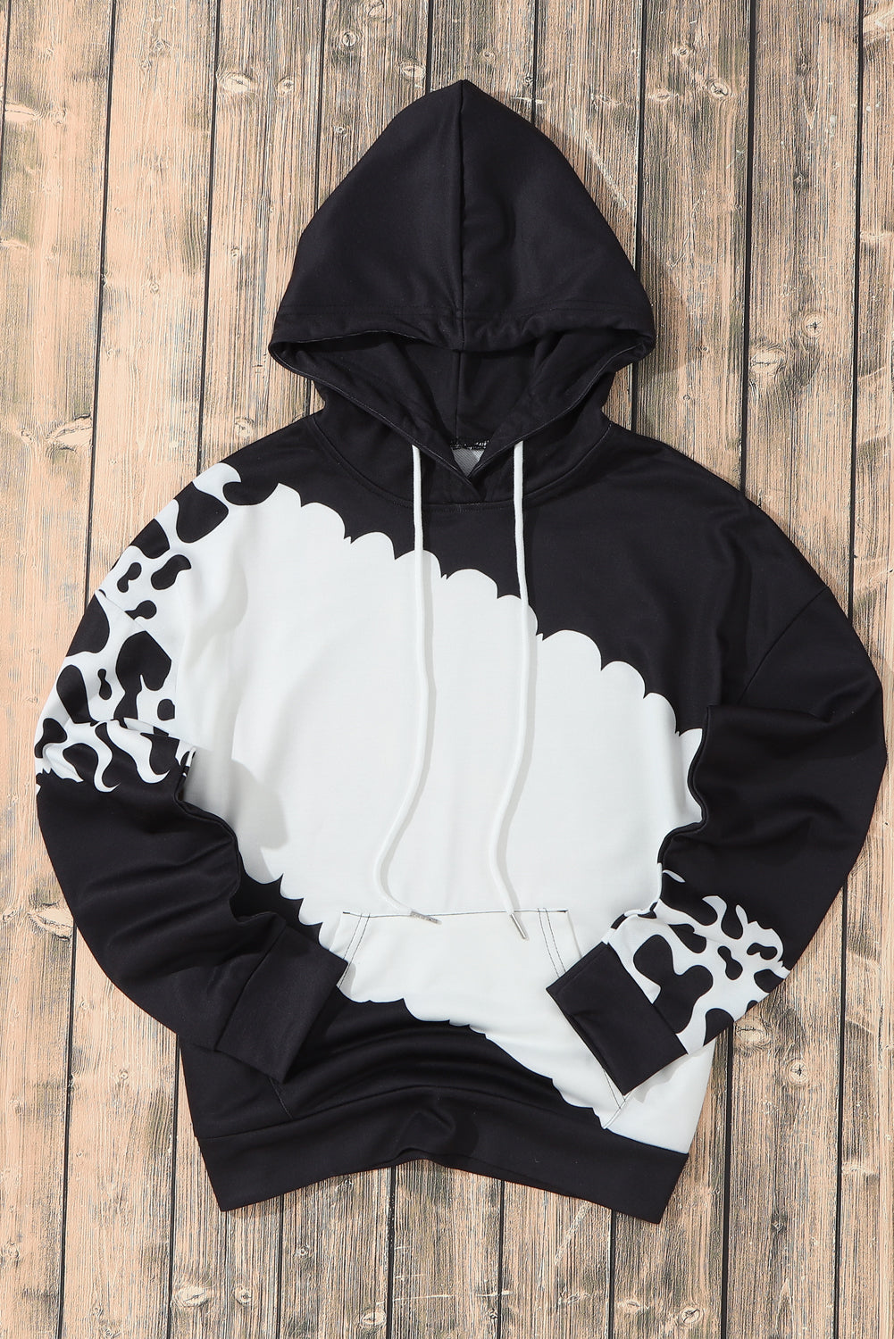 Black Cow Tie Dye Print Pocketed Drawstring Pullover Hoodie Sweatshirts & Hoodies JT's Designer Fashion
