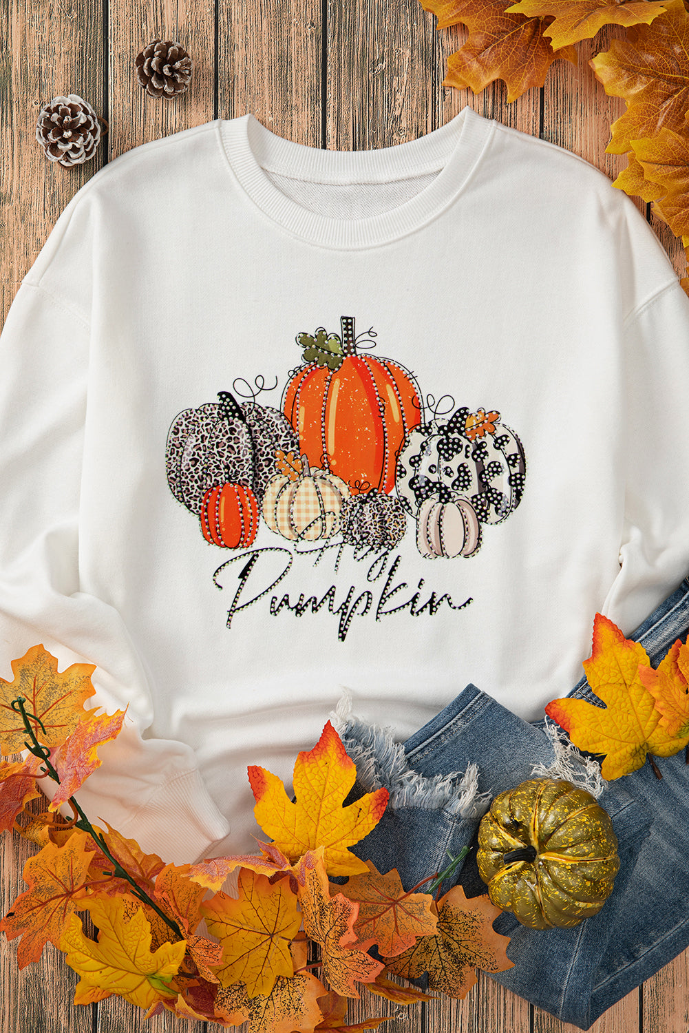 Beige Rhinestone Pumpkin Graphic Crewneck Thanksgiving Sweatshirt Graphic Sweatshirts JT's Designer Fashion