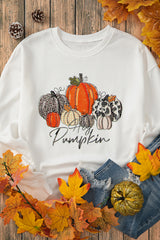 Beige Rhinestone Pumpkin Graphic Crewneck Thanksgiving Sweatshirt Graphic Sweatshirts JT's Designer Fashion