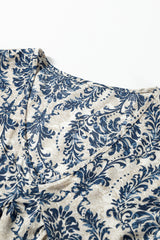 Sky Blue Vintage Printed Lace Trim V Neck 3/4 Sleeve Loose Dress Mini Dresses JT's Designer Fashion