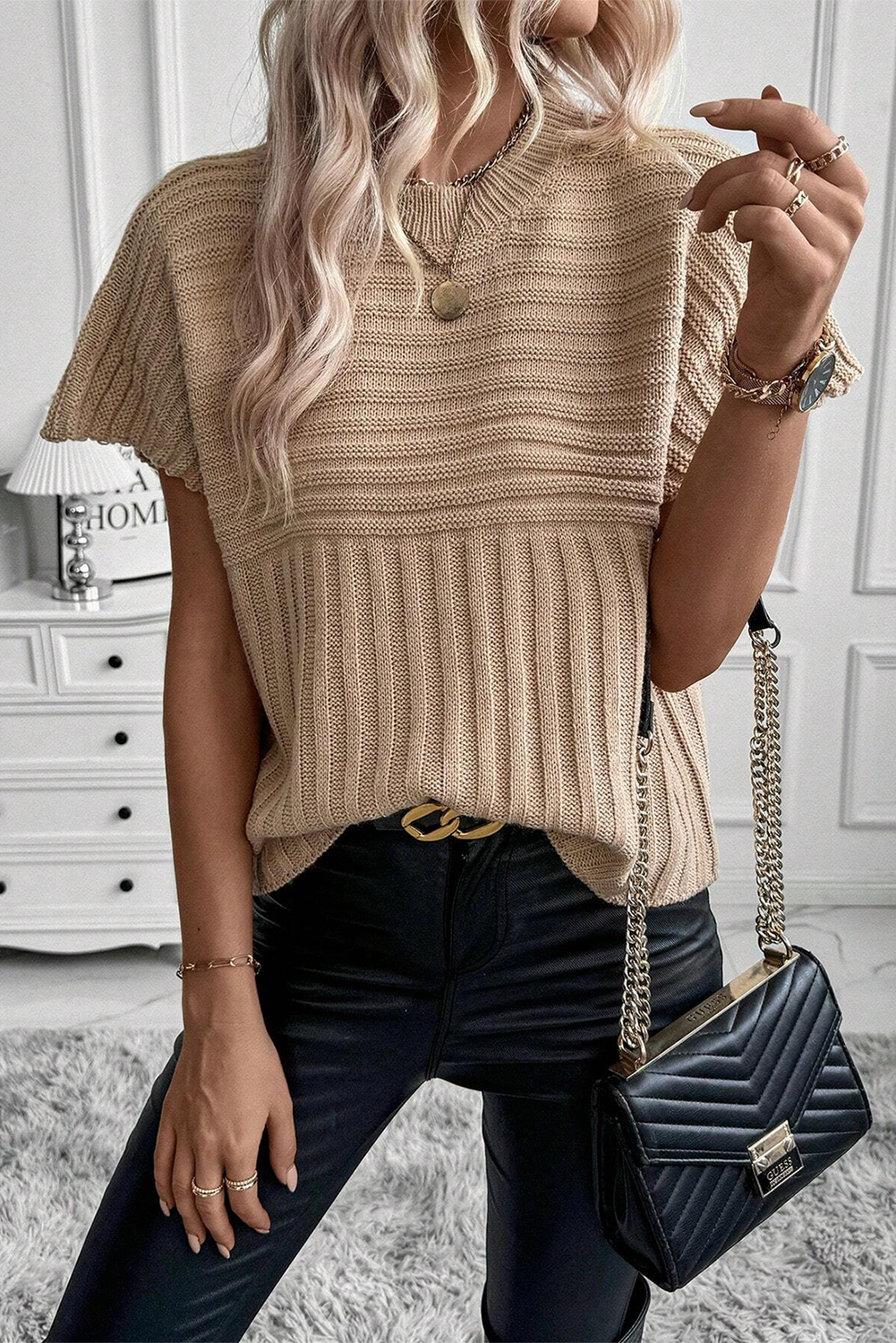 Light French Beige Rib Knitted Batwing Sleeve Sweater Top Sweaters & Cardigans JT's Designer Fashion
