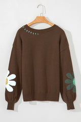 Coffee Big Flower Pattern V Neck Drop Shoulder Sweater Sweaters JT's Designer Fashion