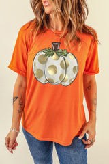 Orange Thanksgiving Pumpkin Pattern Crew Neck Short Sleeve Top Graphic Tees JT's Designer Fashion