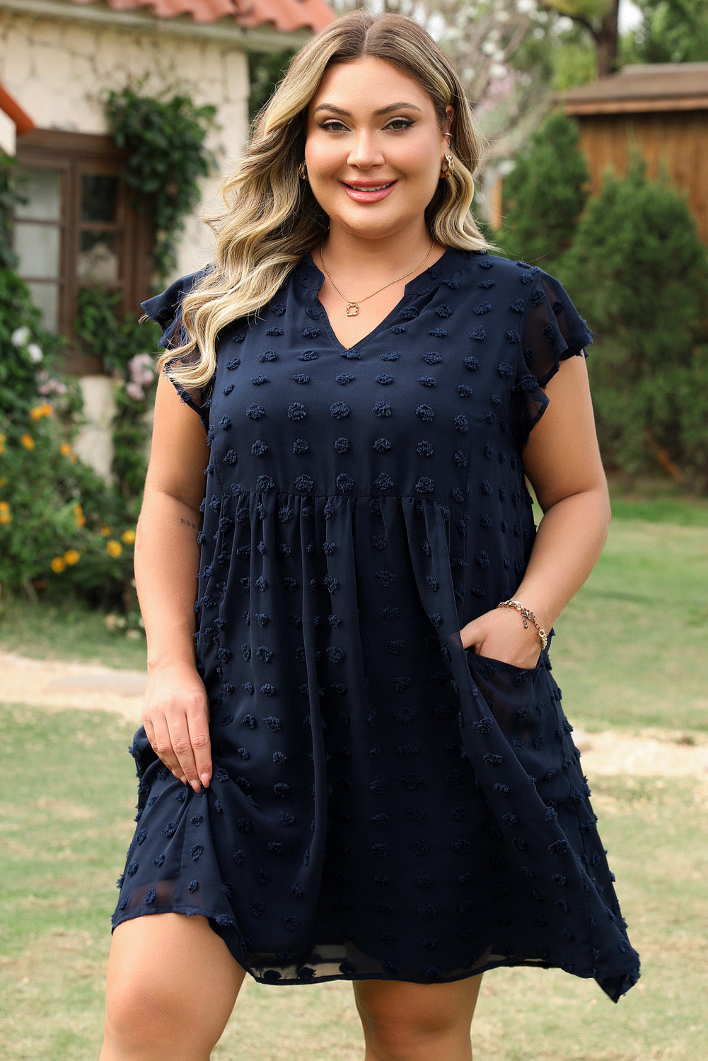 Navy Blue Dotty Textured Notched Neck Plus Ruffled Dress Plus Size Mini Dresses JT's Designer Fashion