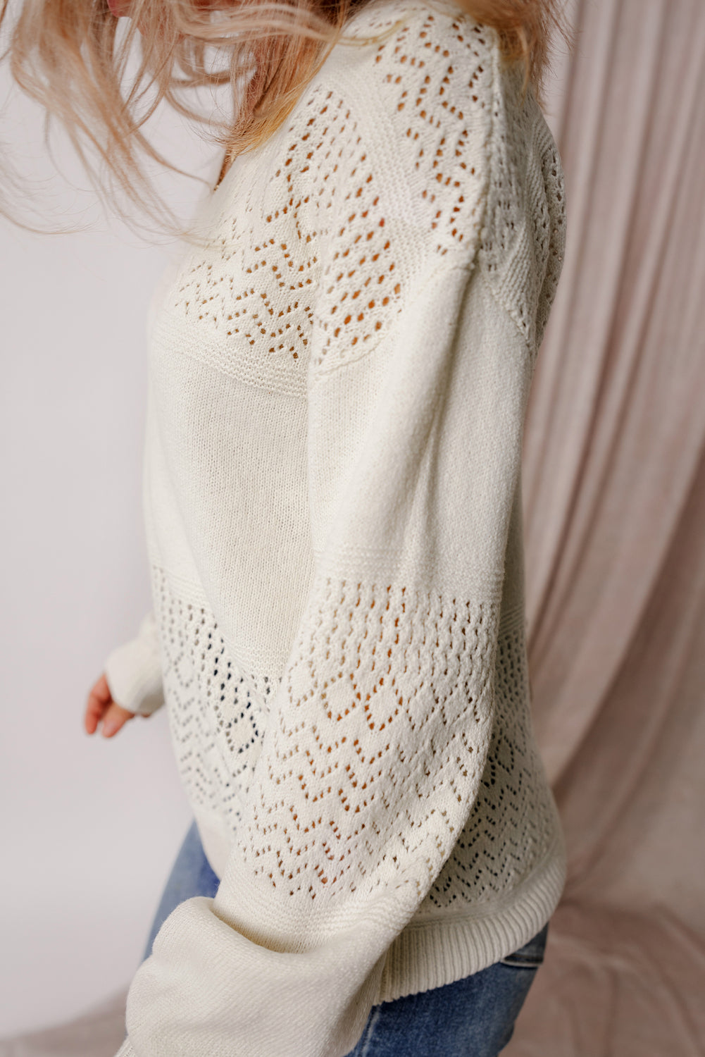 White Eyelet Pattern Detail V Neck Drop Shoulder Sweater Sweaters JT's Designer Fashion
