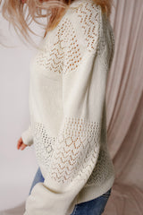 White Eyelet Pattern Detail V Neck Drop Shoulder Sweater Sweaters JT's Designer Fashion